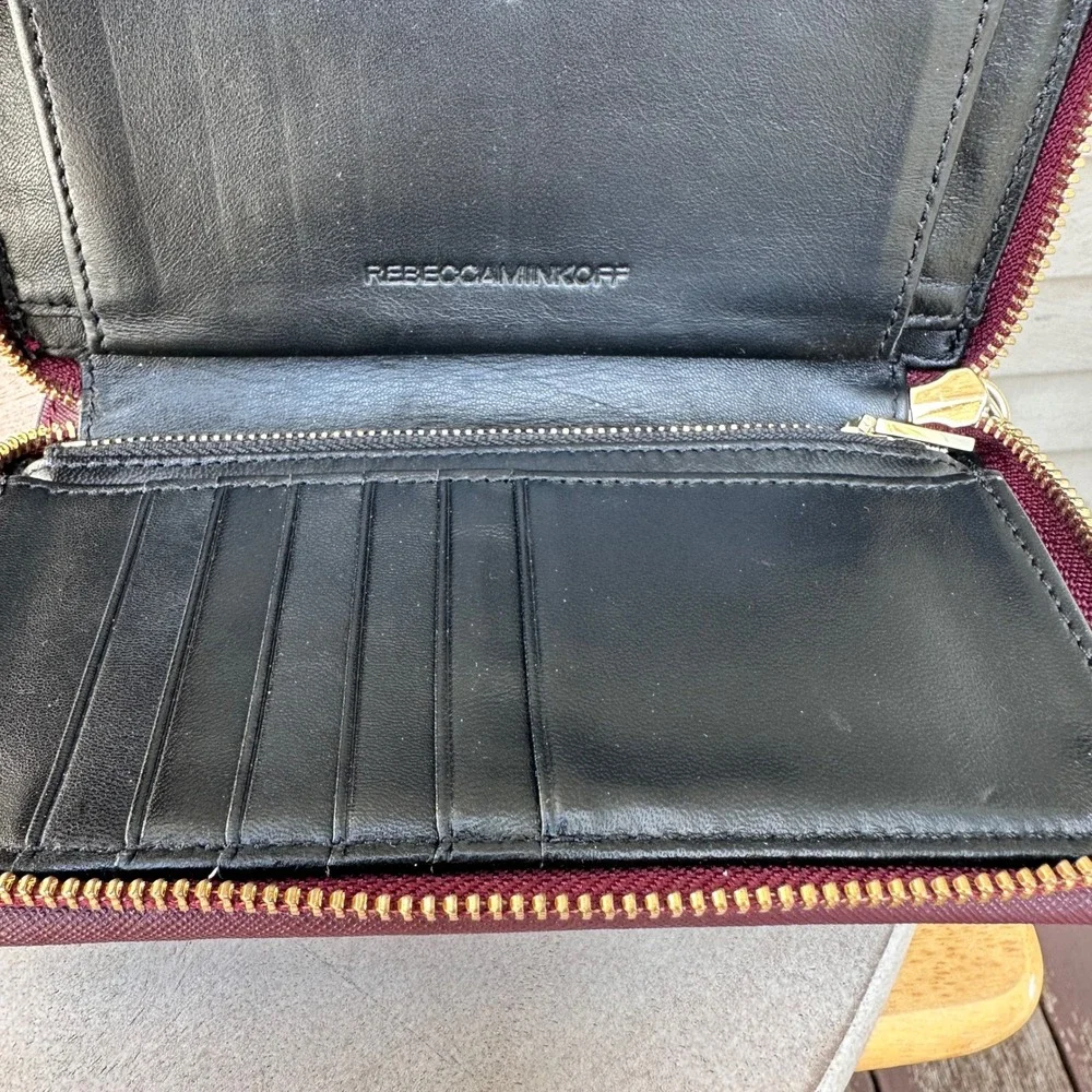 Rebecca Minkoff Molly Metro Zip Around Wristlet Wallet Port Wine Red Saffiano